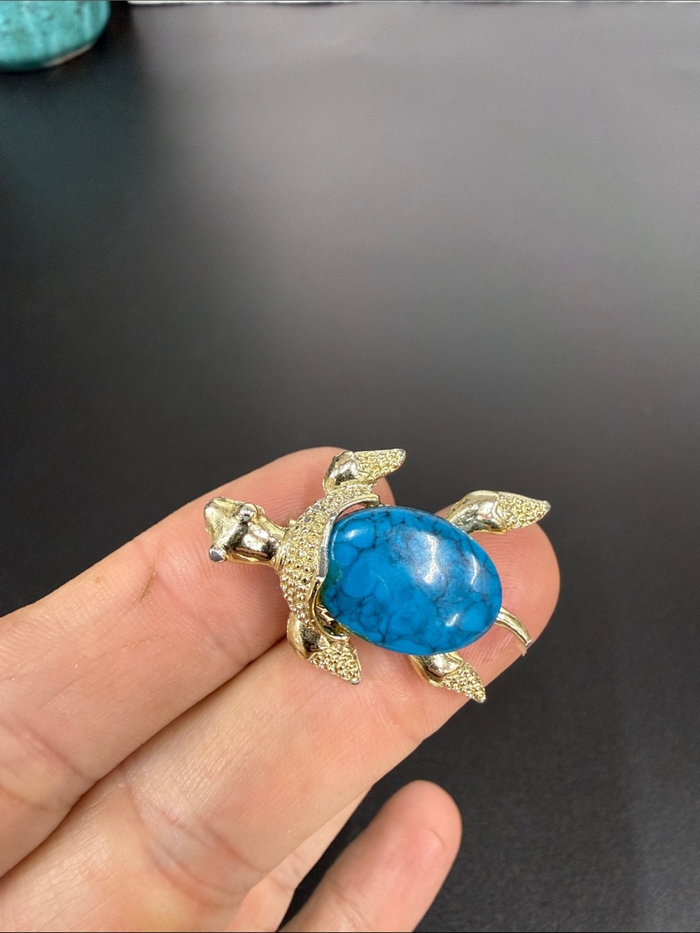 Gold-Tone Turtle Brooch with Blue Stone Accent